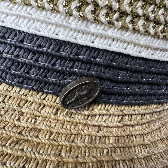 Wide Brim Sun Hat Packable Outdoors Hiking Beach Vacation Straw Metallic Striped - Picture 5 of 7